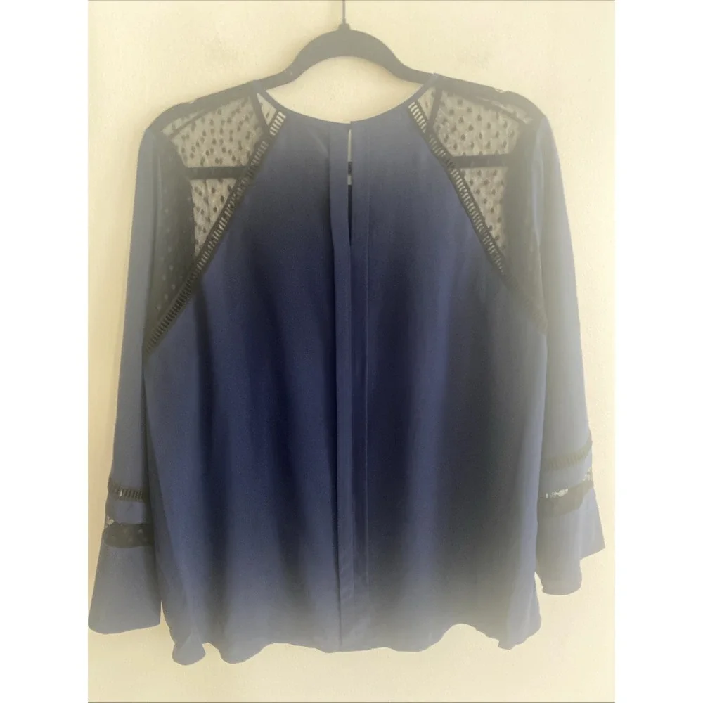 EUC J Crew Silk Blouse Dark Blue Black Polka Dot Mesh Women's Size‎ 14